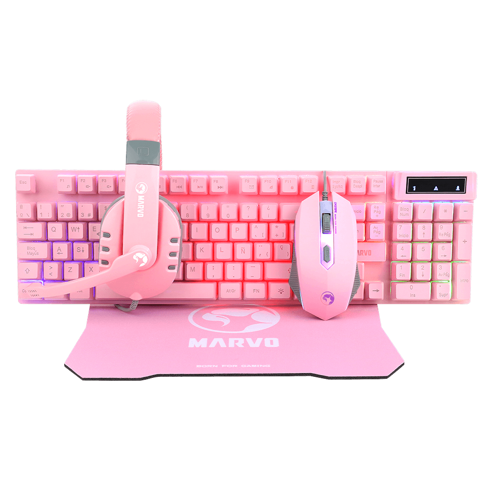 PINK Marvo CM370 RGB LED Backlit Gaming Keyboard Mouse Headset Pad - BESTA